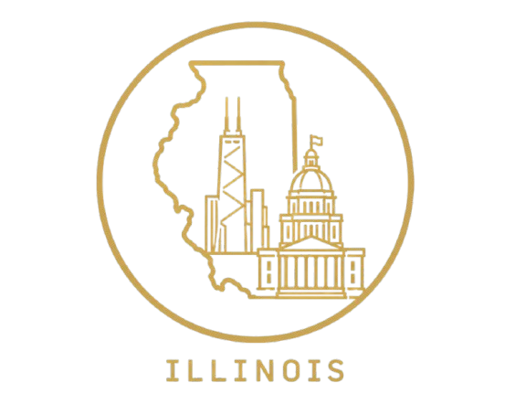 Line drawing of the Chicago skyline with the word 'ILLINOIS' underneath.