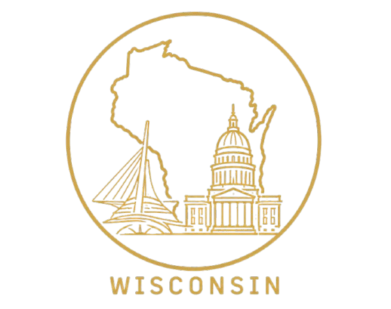 Illustration of Wisconsin cheese and a cow's head inside a circular border