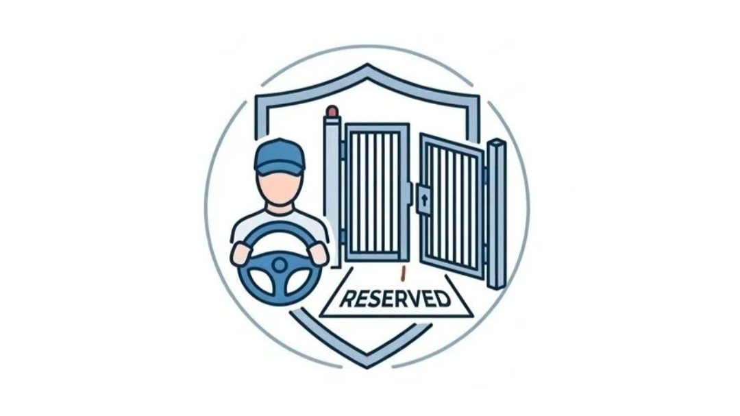 Illustration of security guard holding steering wheel in front of a gated entrance with a 'Reserved' mat.