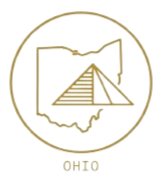Outline of Ohio state map with a tent, campfire, and trees inside, and the word 'Ohio' beneath.