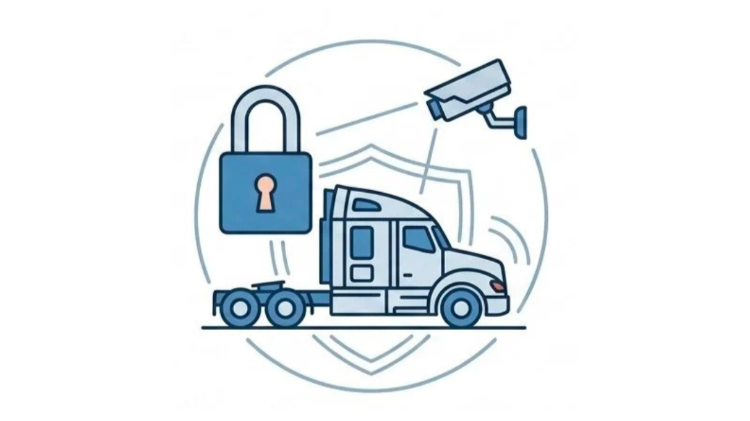 Graphic of a truck, security shield, padlock, and surveillance camera indicating truck security and monitoring.