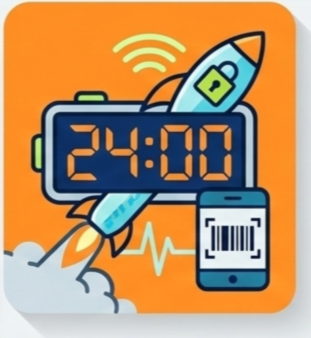 A digital clock displaying 24:00 surrounded by icons of a rocket with a lock, a smartphone with a barcode, and a Wi-Fi signal, indicating technology and connectivity.