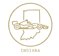 Outline of a race car inside a circle with a map of Indiana at the bottom and the word 'INDIANA' beneath.