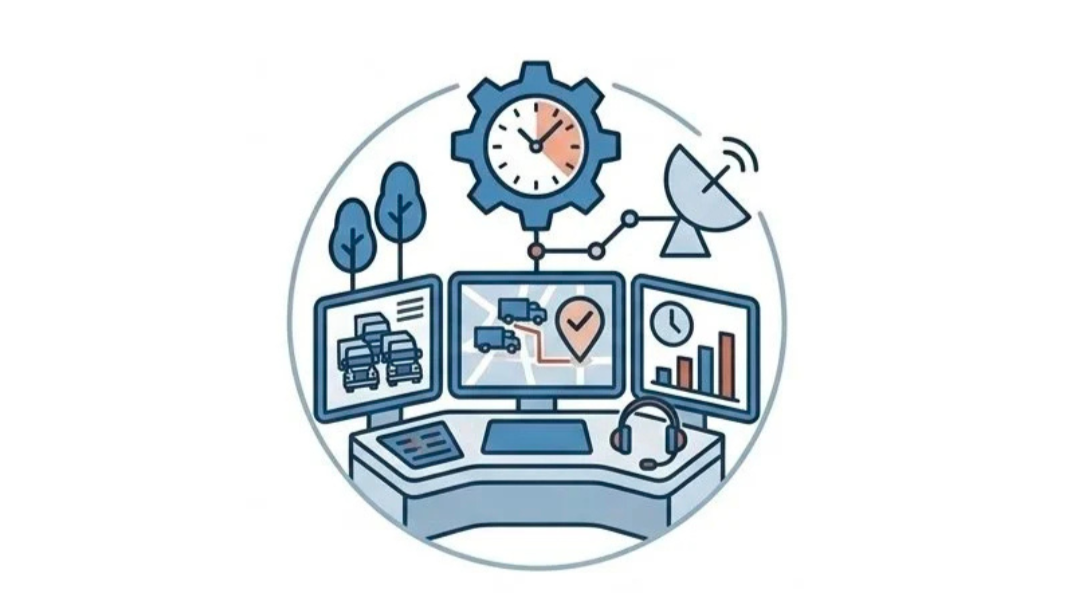 Illustration of a technology control room with multiple monitors displaying vehicle tracking, radar, and data charts, surrounded by icons of a clock, trees, and satellite dish.