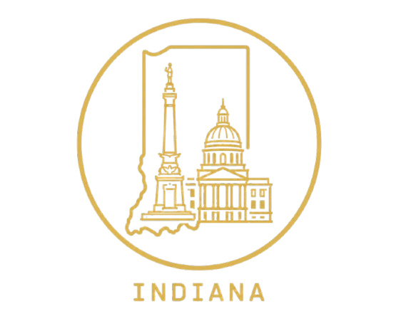 Outline of a race car inside a circle with a map of Indiana at the bottom and the word 'INDIANA' beneath.
