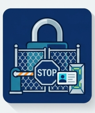 A security gate scanner with a padlock symbol, stop sign, and ID badge icon.