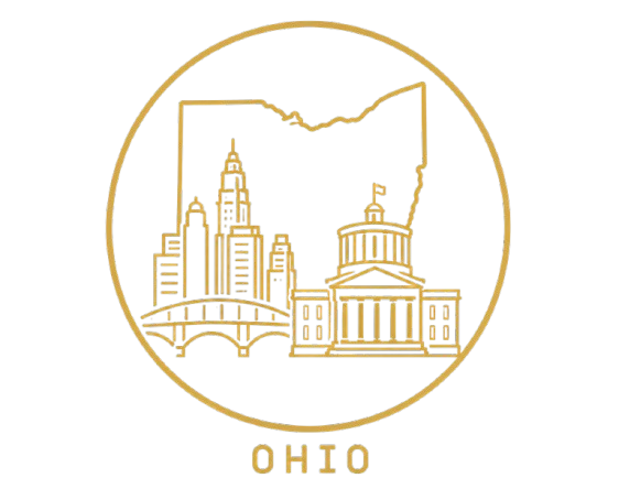 Outline of Ohio state map with a tent, campfire, and trees inside, and the word 'Ohio' beneath.