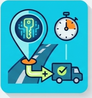 Illustration of a GPS route with a key icon, a stopwatch, and a delivery truck with a check mark.