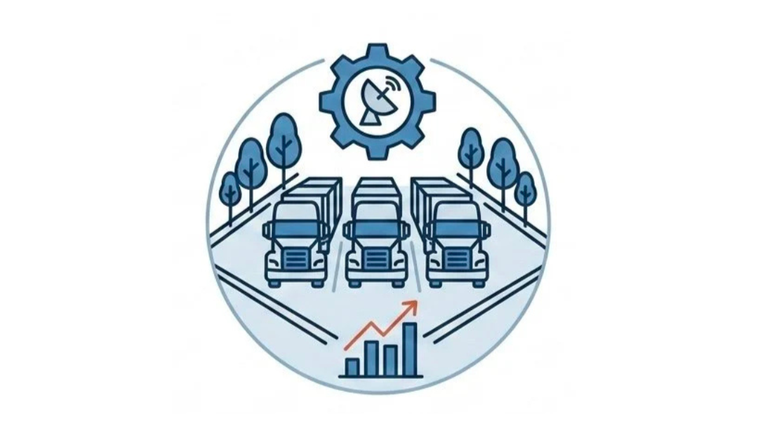 Illustration of autonomous trucks on a road surrounded by trees, with a gear icon containing a satellite dish and radar symbol at the top, and a rising bar graph at the bottom.
