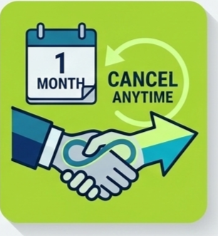 A graphic showing a calendar with '1 MONTH' and vending a handshake with an arrow, indicating cancel anytime.