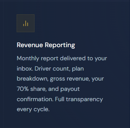 Screenshot of a revenue reporting dashboard with a dark blue background, featuring a yellow bar chart icon and white text about monthly reports, driver count, plan breakdown, gross revenue, share, payout confirmation, and transparency.