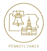 Graphic of the Liberty Bell and Independence Hall within a circle, with the word 'Pennsylvania' at the bottom.