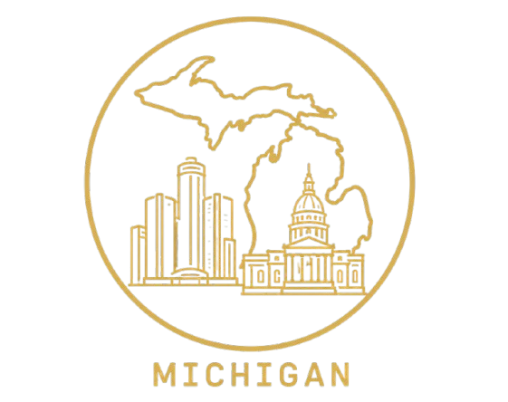 Map of Michigan featuring a camel and the Golden Gate Bridge