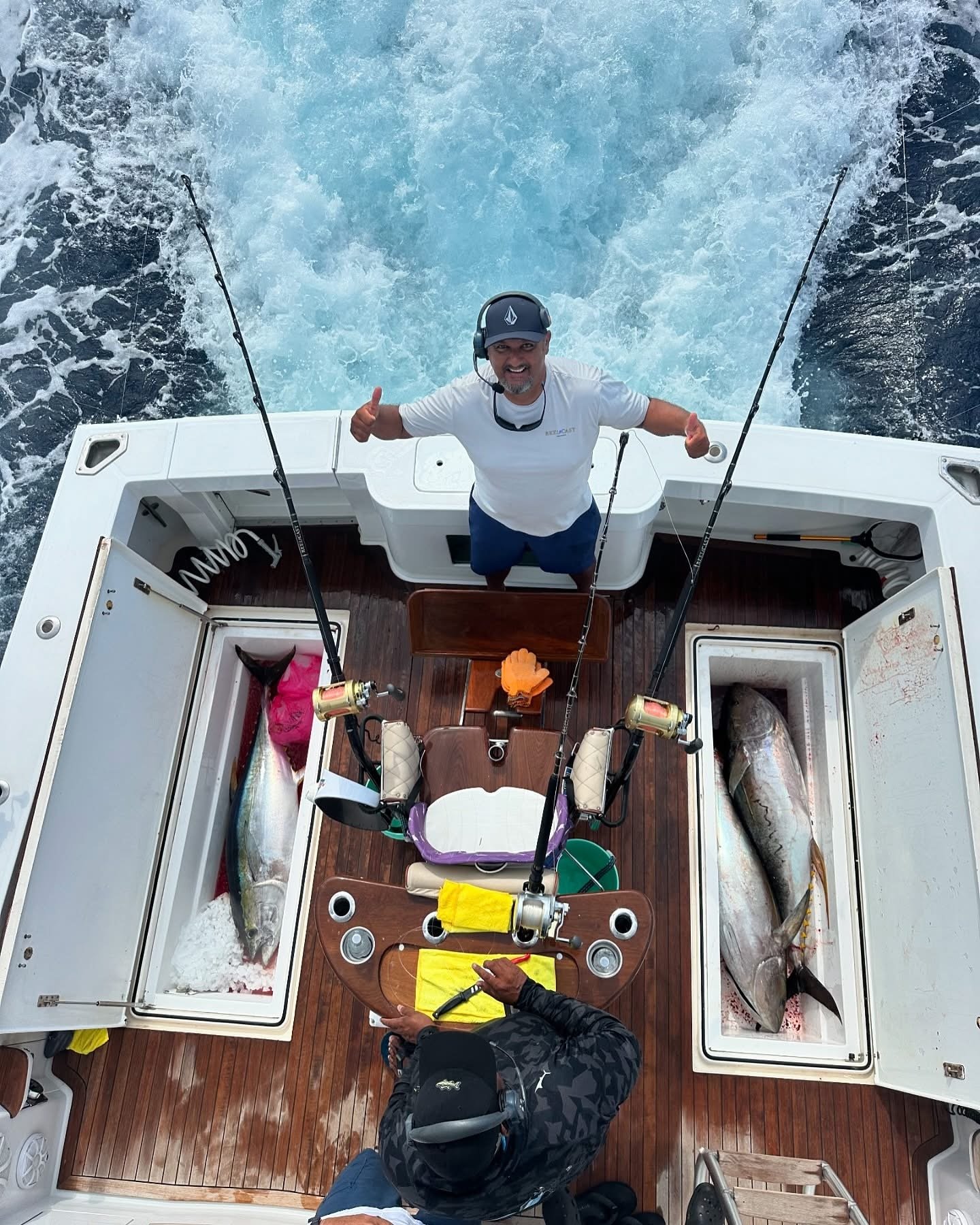 Fish boxes filled with tuna while offshore fishing in Cabo