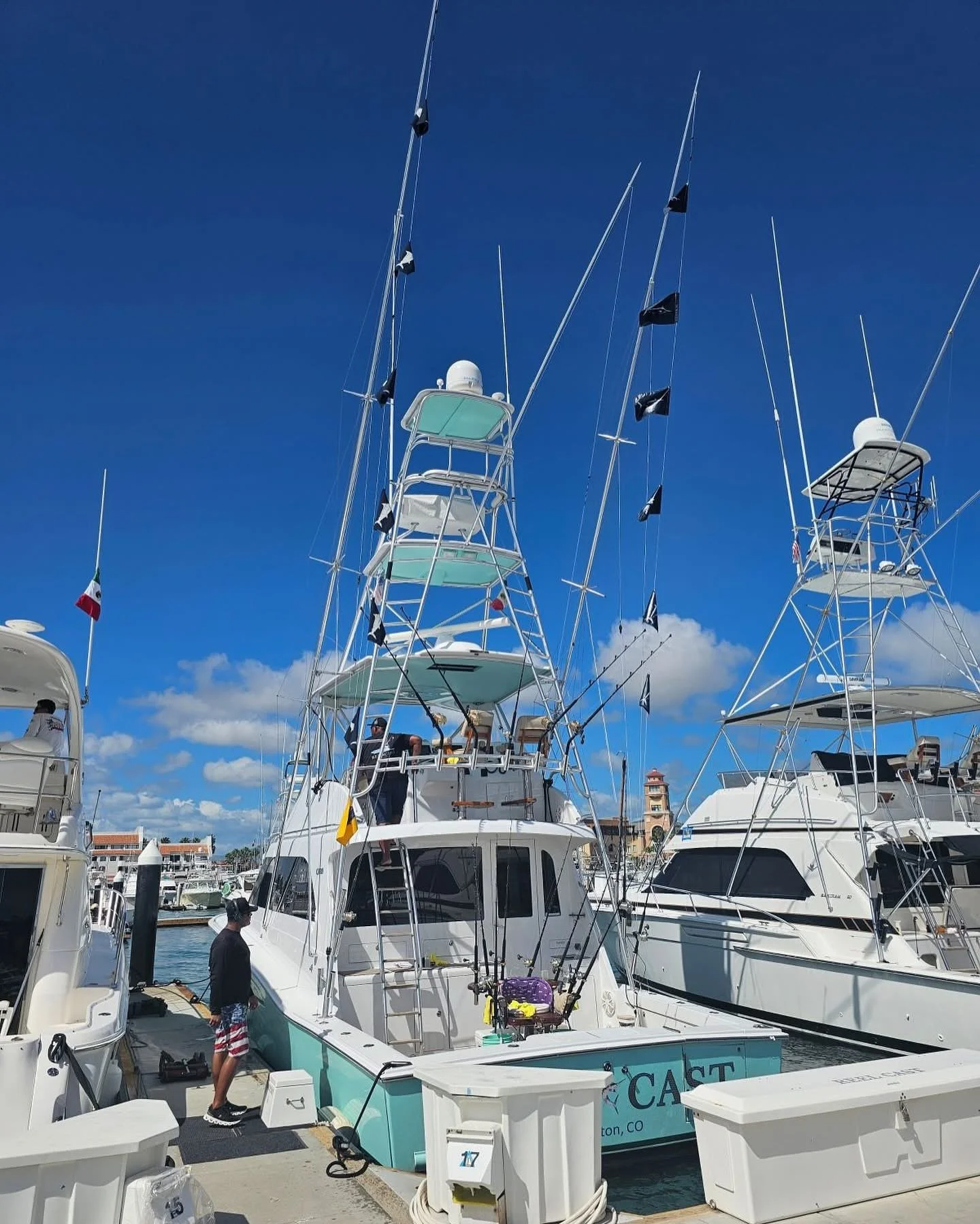 Flying marlin release flags on the Reel Cast in Cabo San Lucas