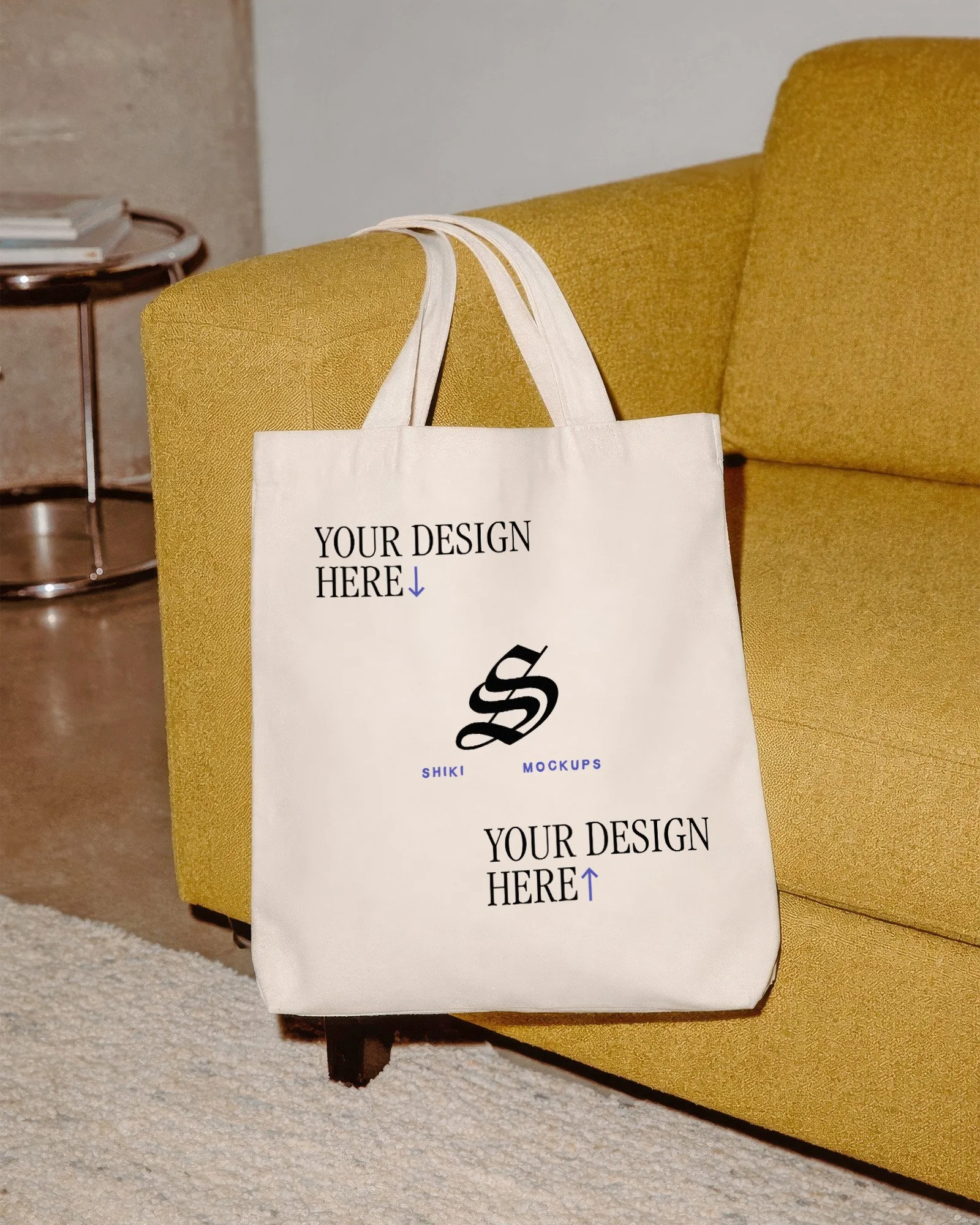 Canvas Tote Bag on Yellow Sofa