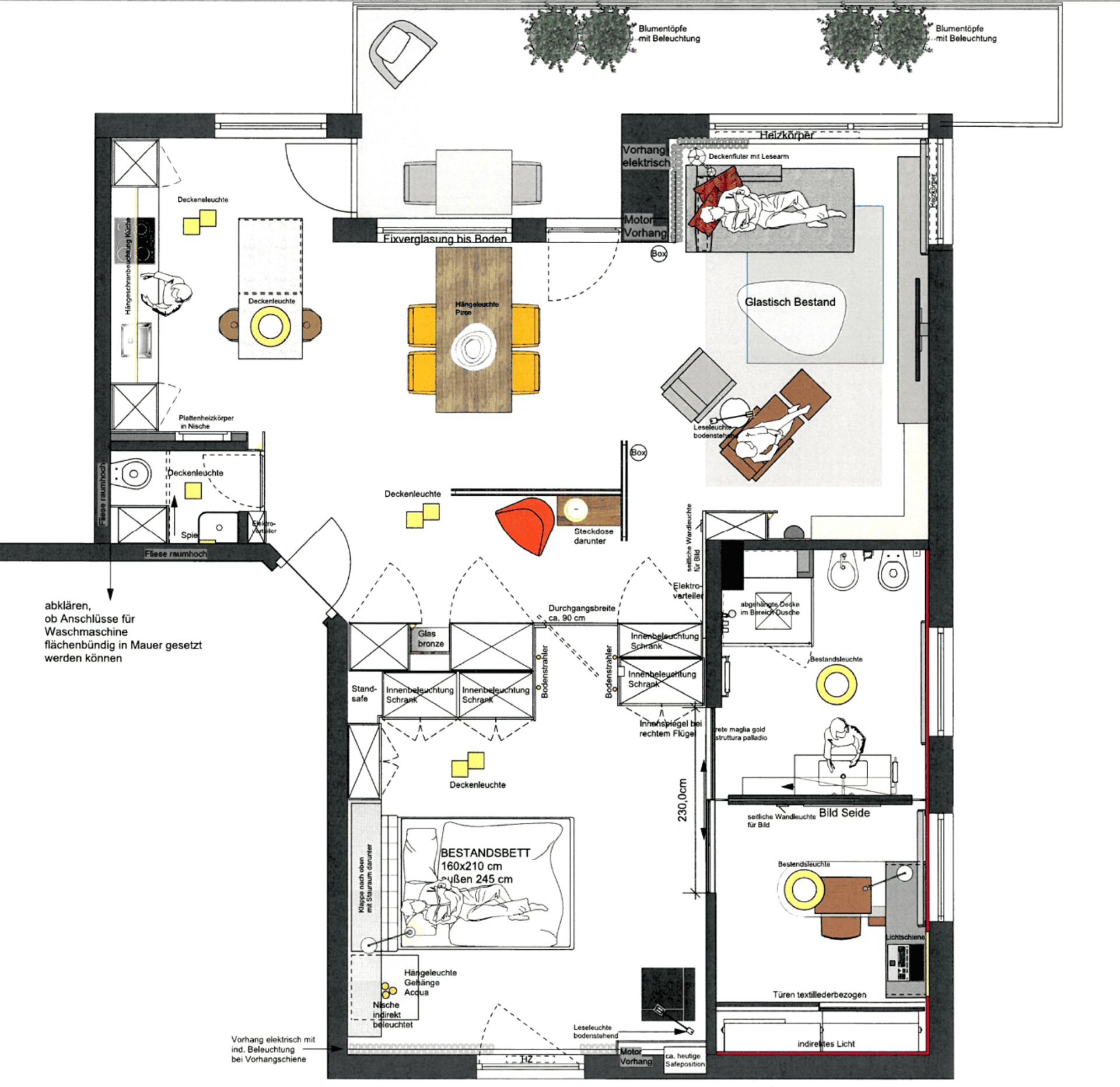 Grundriss eines Hauses mit verschiedenen Räumen, darunter Schlafzimmer, Wohnbereich, Küche und Badezimmer, mit detaillierten Angaben zu Beleuchtung und Möbeln.