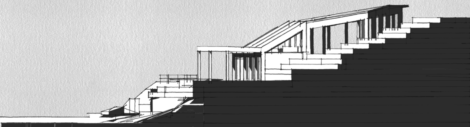 Architektonische Entwurfszeichnung eines modernen Gebäudes auf einem Hügel