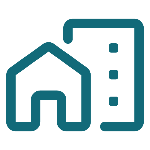 Icon eines Hauses neben einem Gebäude mit drei Fenstern.