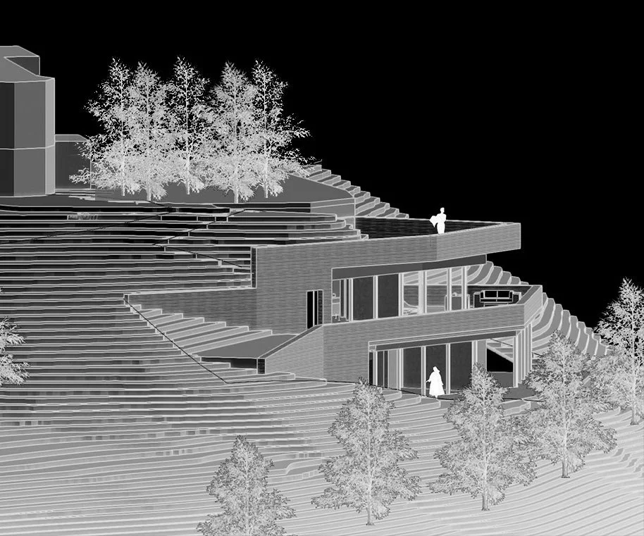 Architektonische Darstellung eines modernen Hauses auf einer terrassierten Hügellandschaft mit mehreren Ebenen und großen Fenstern, umgeben von Bäumen.