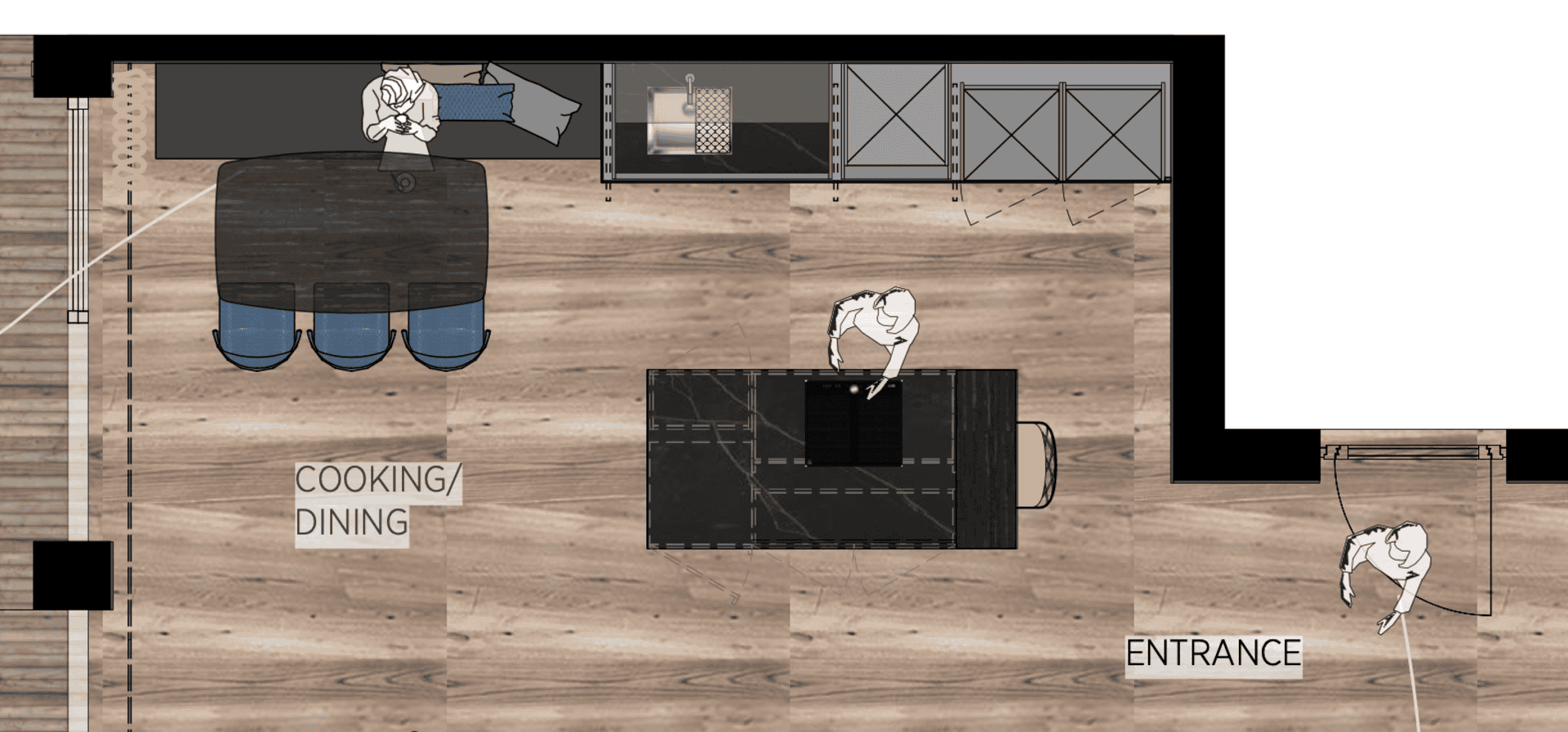 Digitale Grundrisszeichnung einer Küche mit Essbereich, bezeichnet mit 'KOCHEN/ESSEN' und Eingangsbereich mit 'ENTRANCE', zwei Personen und Küchenschränken.
