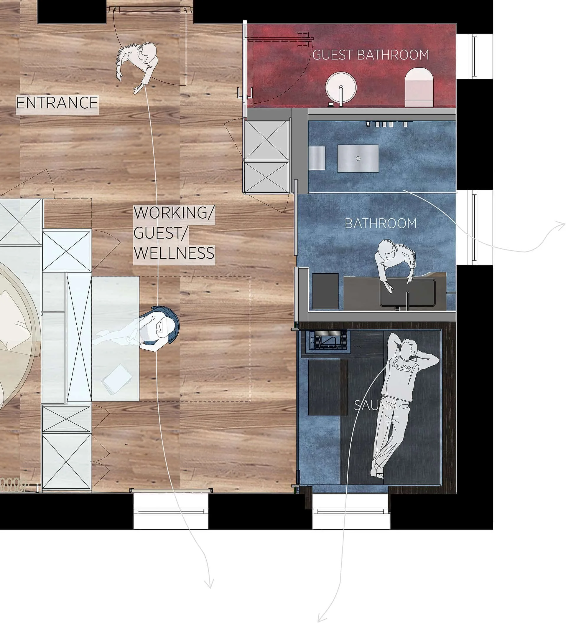 Grundriss eines Hauses mit verschiedenen Räumen, darunter ein Gäste-Badezimmer, ein Badezimmer, ein Wellness- und Arbeitsbereich, ein Saunaraum, eine Eingangstür und eine Treppe.