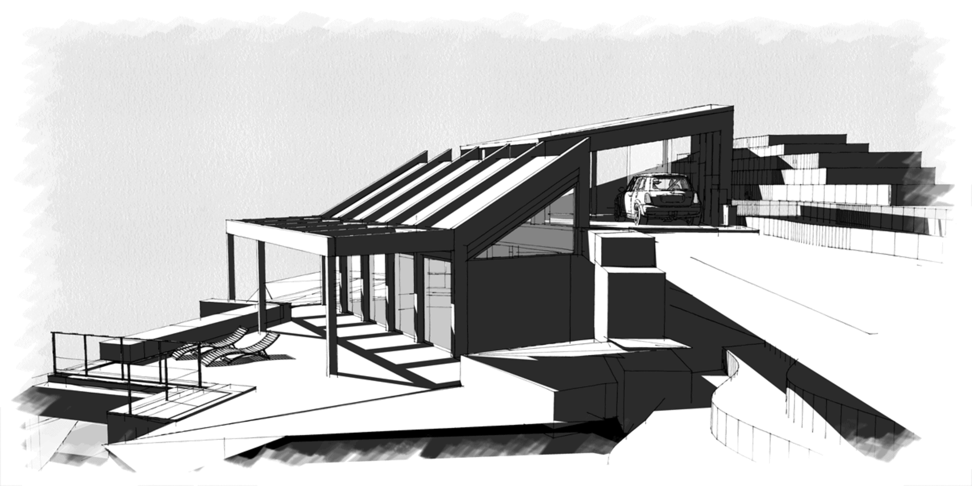 Ein Konzeptbild eines modernen Hauses mit Parkplätzen, Terrasse mit Sonnenschirmen und mehreren Geschosslinien, in Schwarz-Weiß-Design.