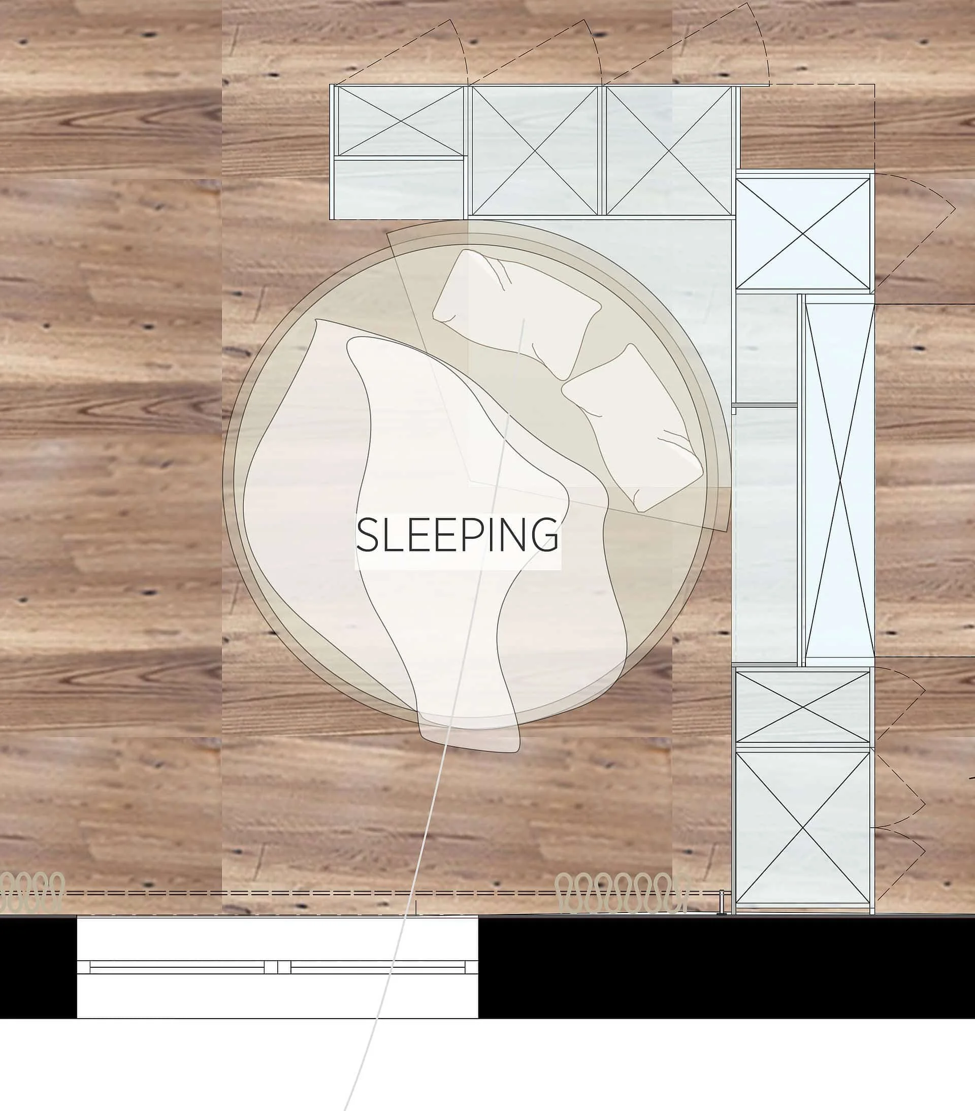 Grundriss eines Schlafzimmers auf einem Holzboden mit der Bezeichnung 'SLEEPING'.
