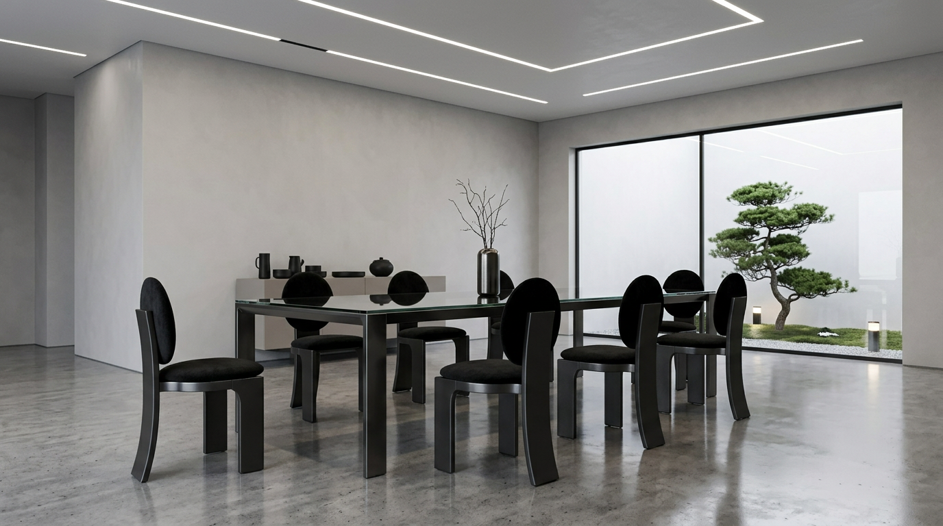 Minimalist dining room with a black glass table, six black chairs, a large window with a view of a Japanese-style garden, and modern ceiling lighting.