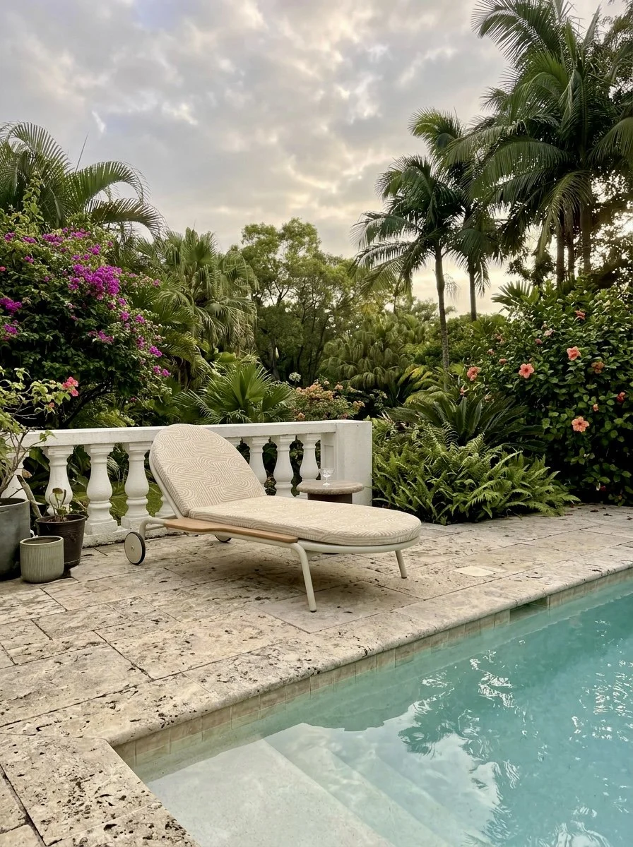 A poolside lounge chair on a stone deck next to a pool, surrounded by lush green tropical plants and flowers with a cloudy sky overhead.