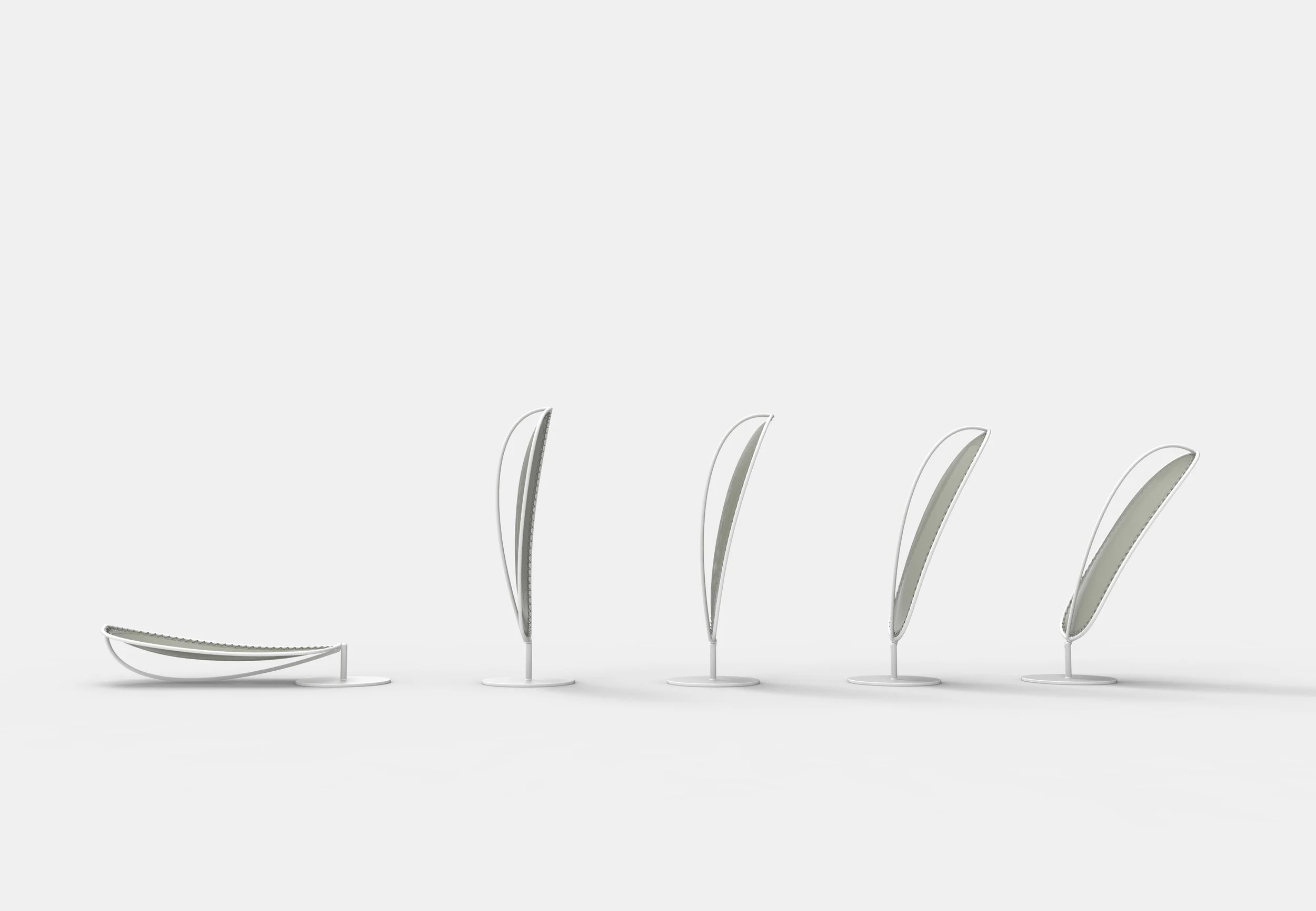 Modern, white, feather-shaped chairs in various positions on a blank background.