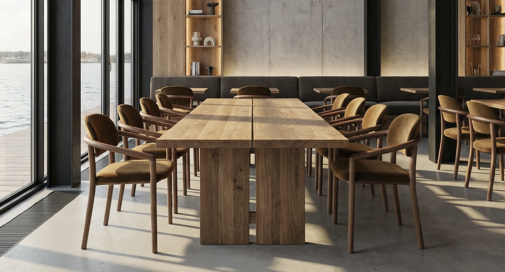 Modern dining room with a large wooden table surrounded by matching chairs, overlooking a body of water through floor-to-ceiling windows.