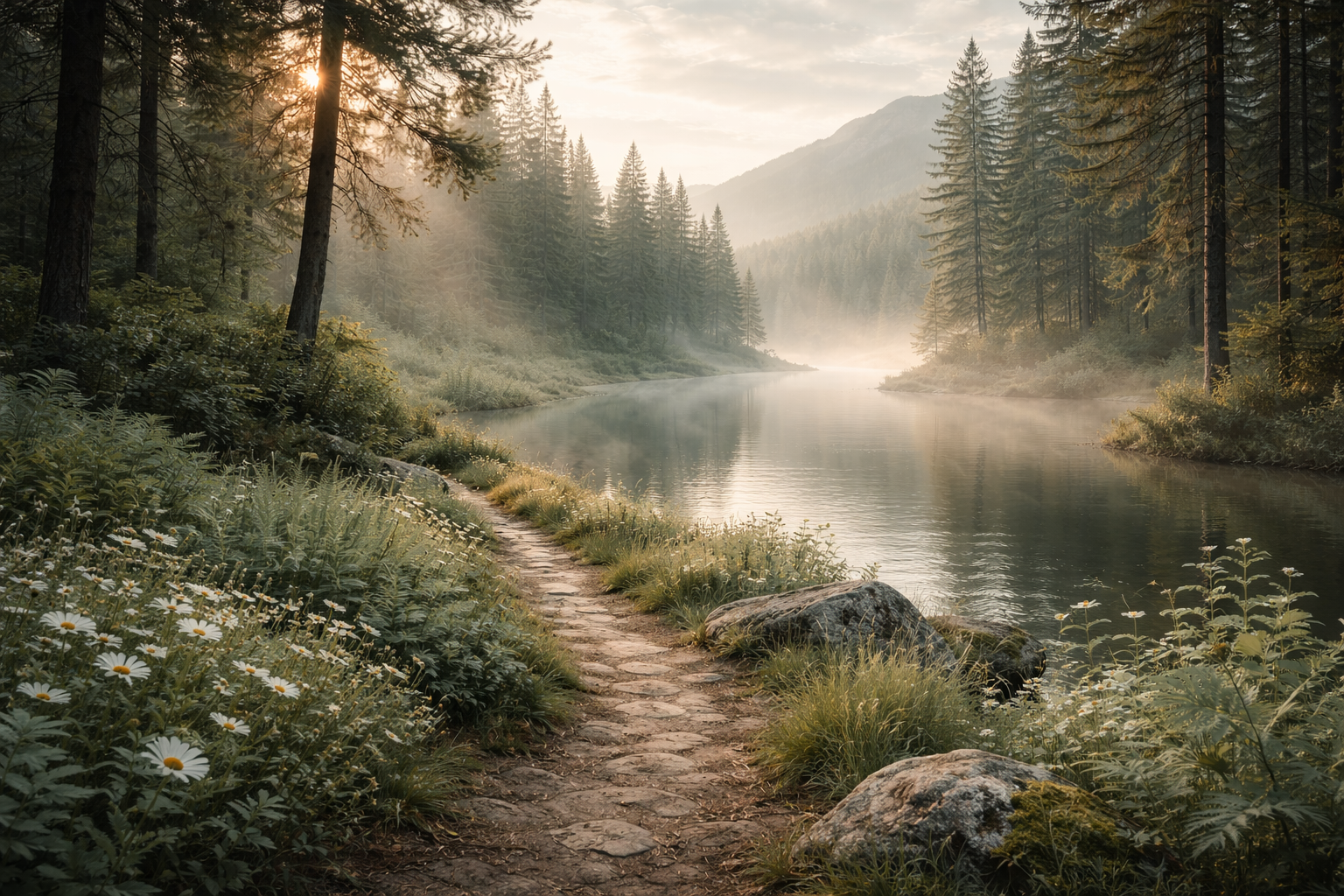A forested river scene at sunrise with a stone path along the water, surrounded by trees, wildflowers, and mountains in the background.