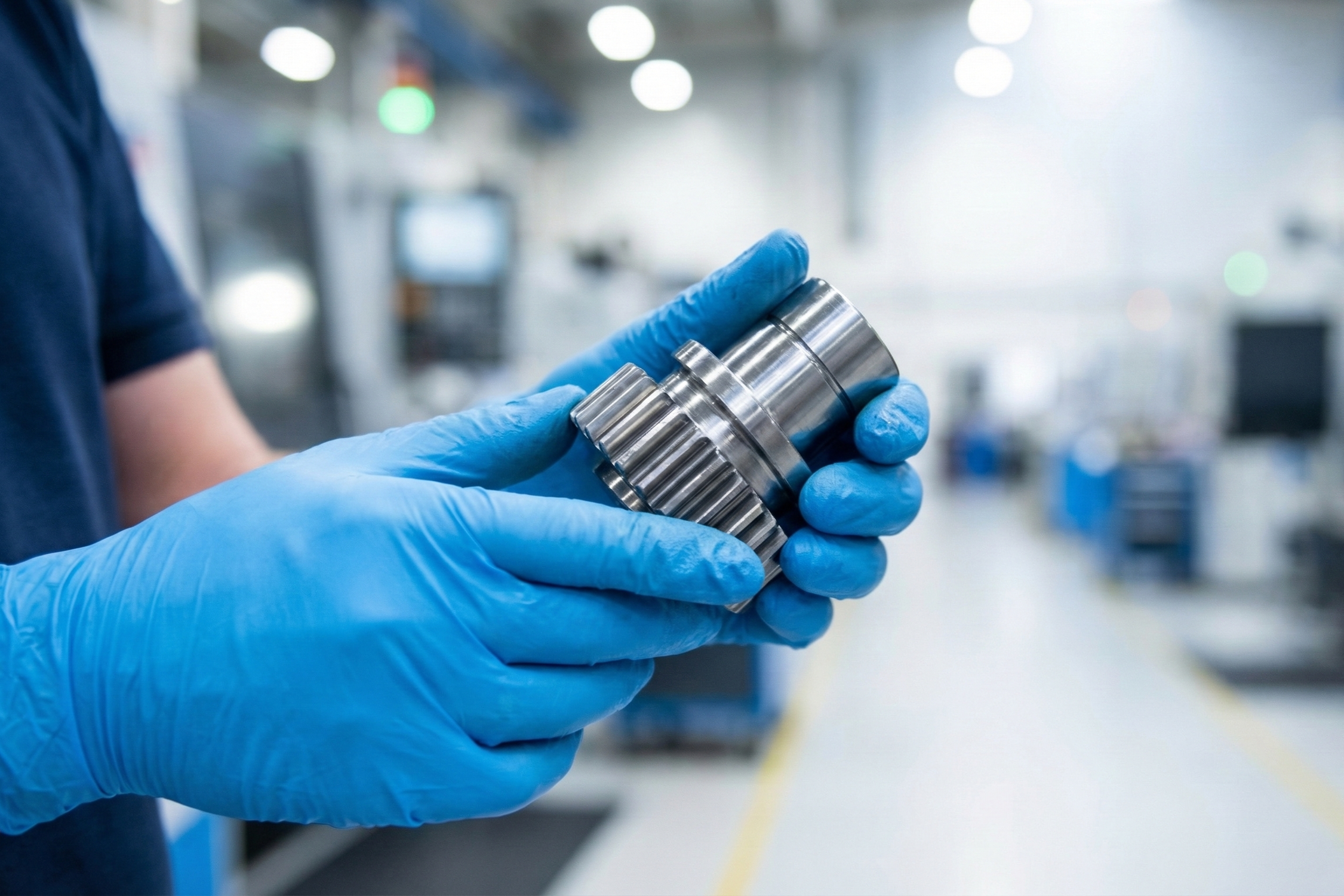 Hands holding a part with disposable blue nitrile gloves