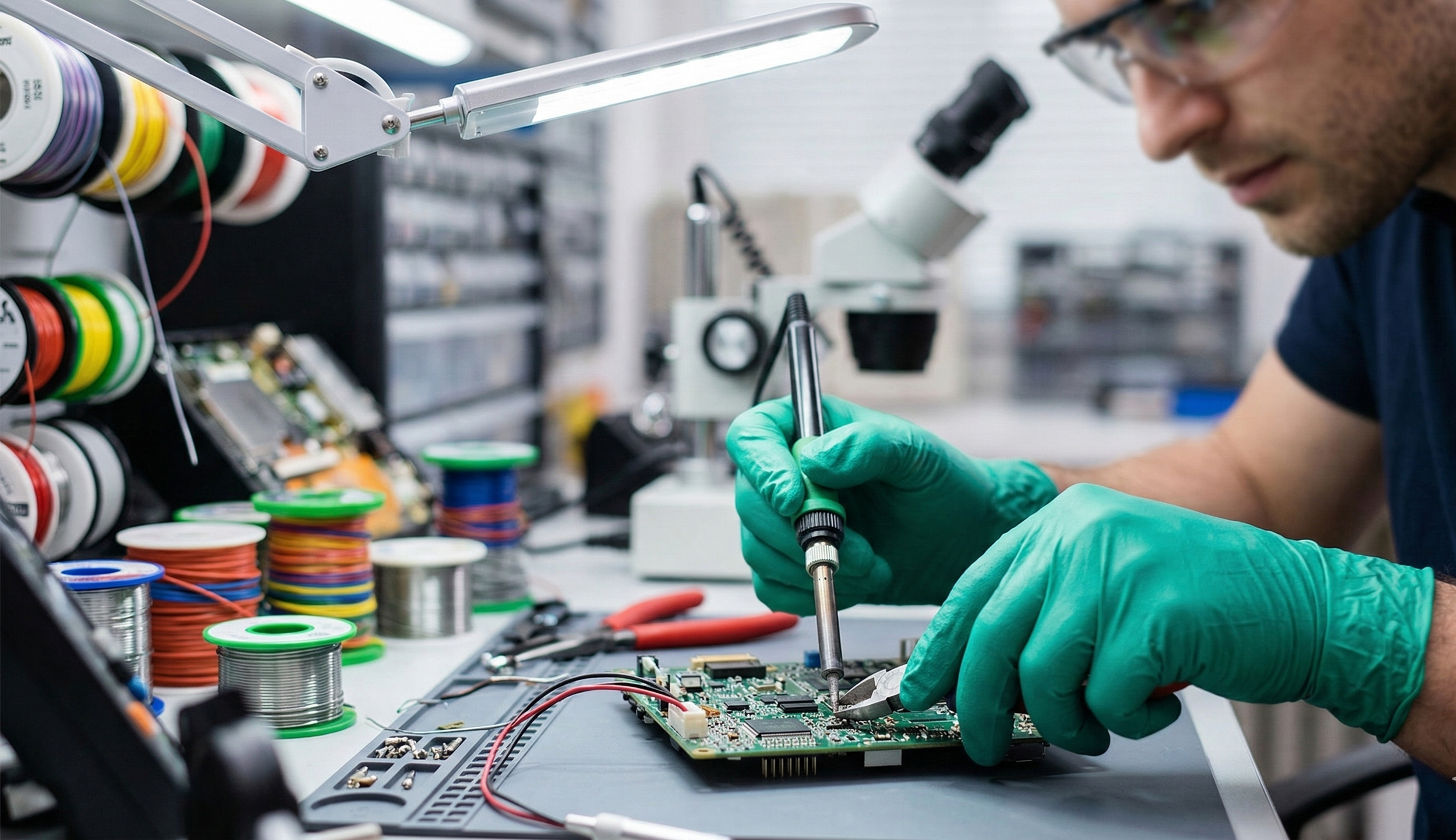 A person doing detailed work with disposable green nitrile gloves