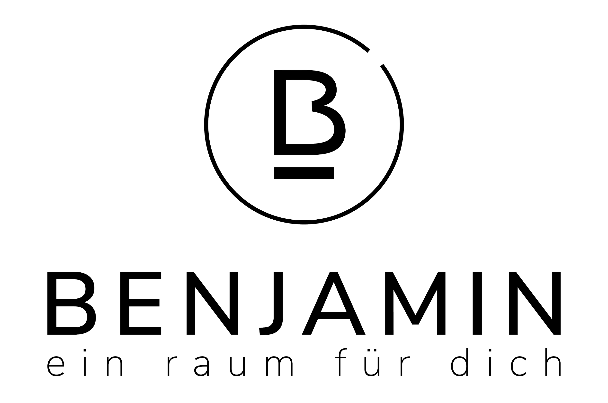 Dunkle Grafik mit einem großen Kreis, darin das Symbol für Benjamin Benjamin in der Mitte, darunter der Text »Benjamin« und der Slogan »ein raum für dich«. Das Design ist minimalistisch und modern.