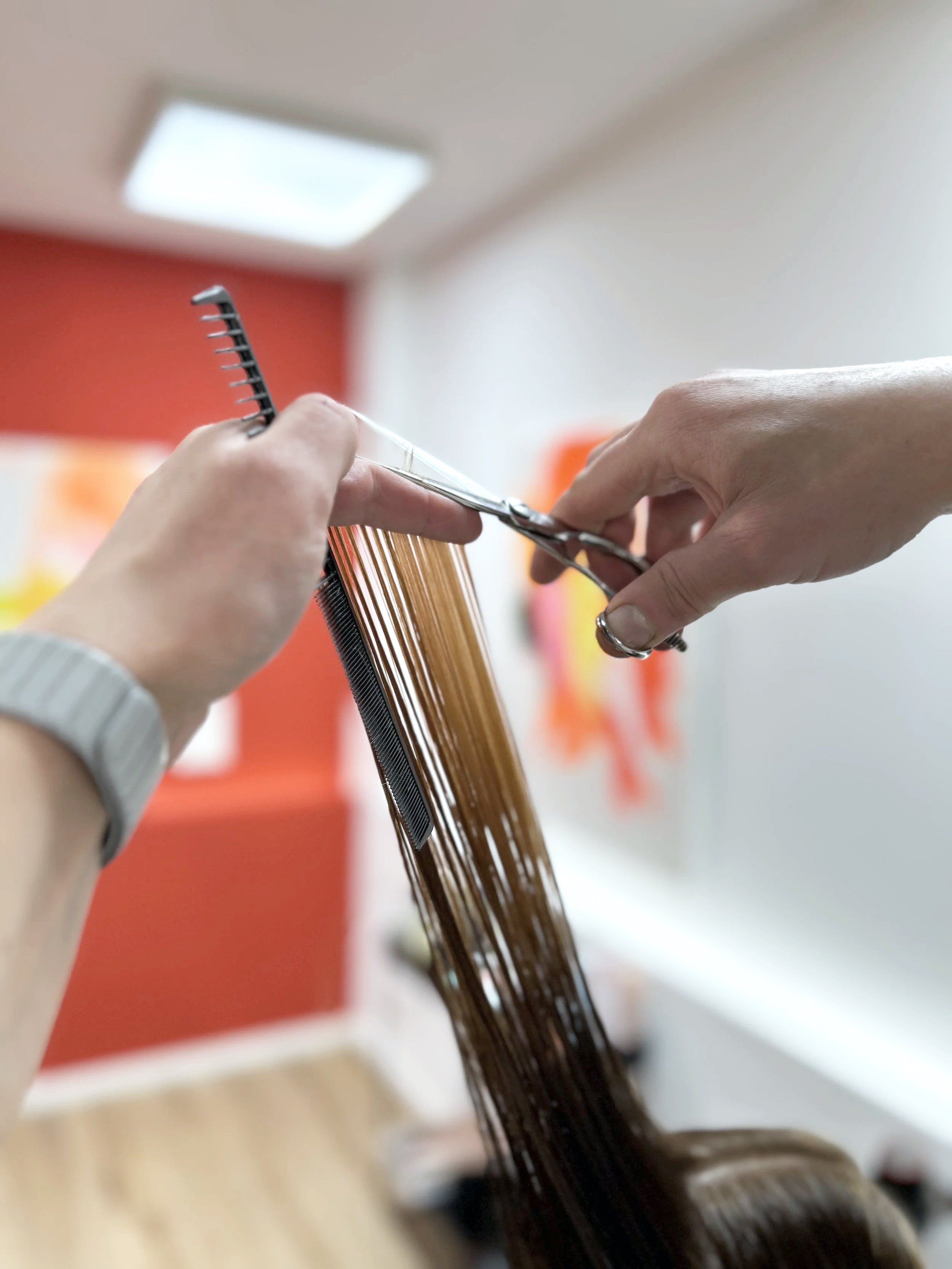 Nahaufnahme einer Person, die einen Kamm verwendet, um langes, braunes Haar zu kämmen, im Hintergrund eine weiße Wand und eine rote Wand