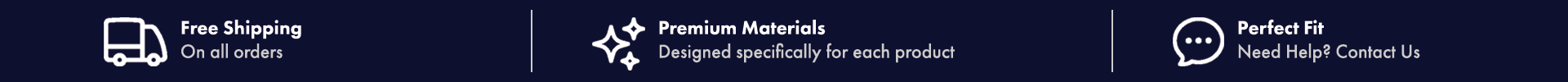 Banner with icons and text promoting free shipping, premium materials, and perfect fit, with contact options for help.