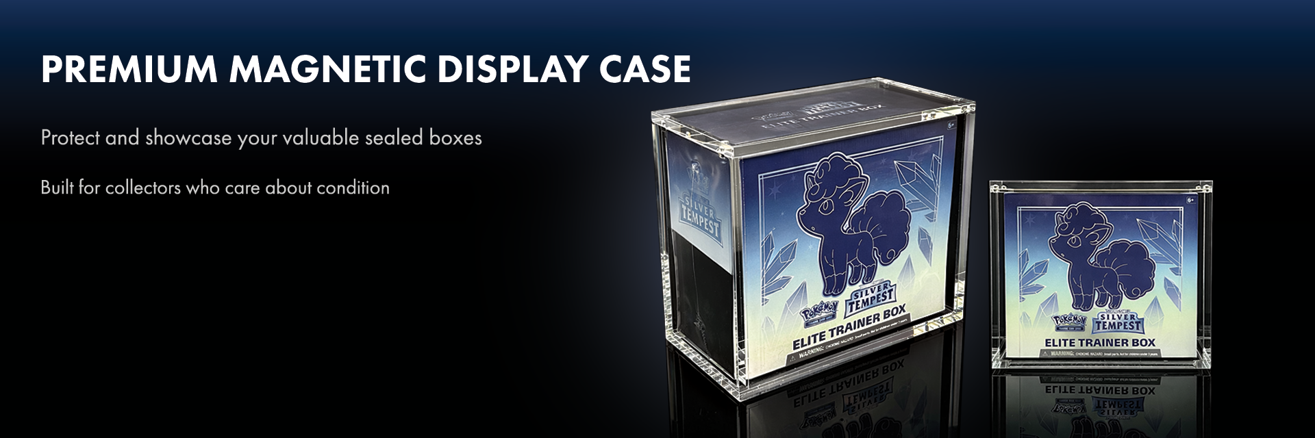 Product image of a clear acrylic magnetic display case with a Pokémon Silver Tempest Elite Trainer Box inside, shown in two sizes against a dark background.