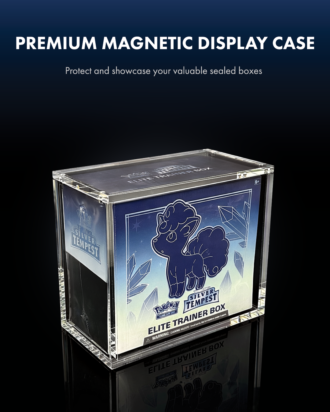 Transparent display case for Pokémon Silver Tempest Elite Trainer Box with a Gardevoir illustration, black background, and reflective surface.