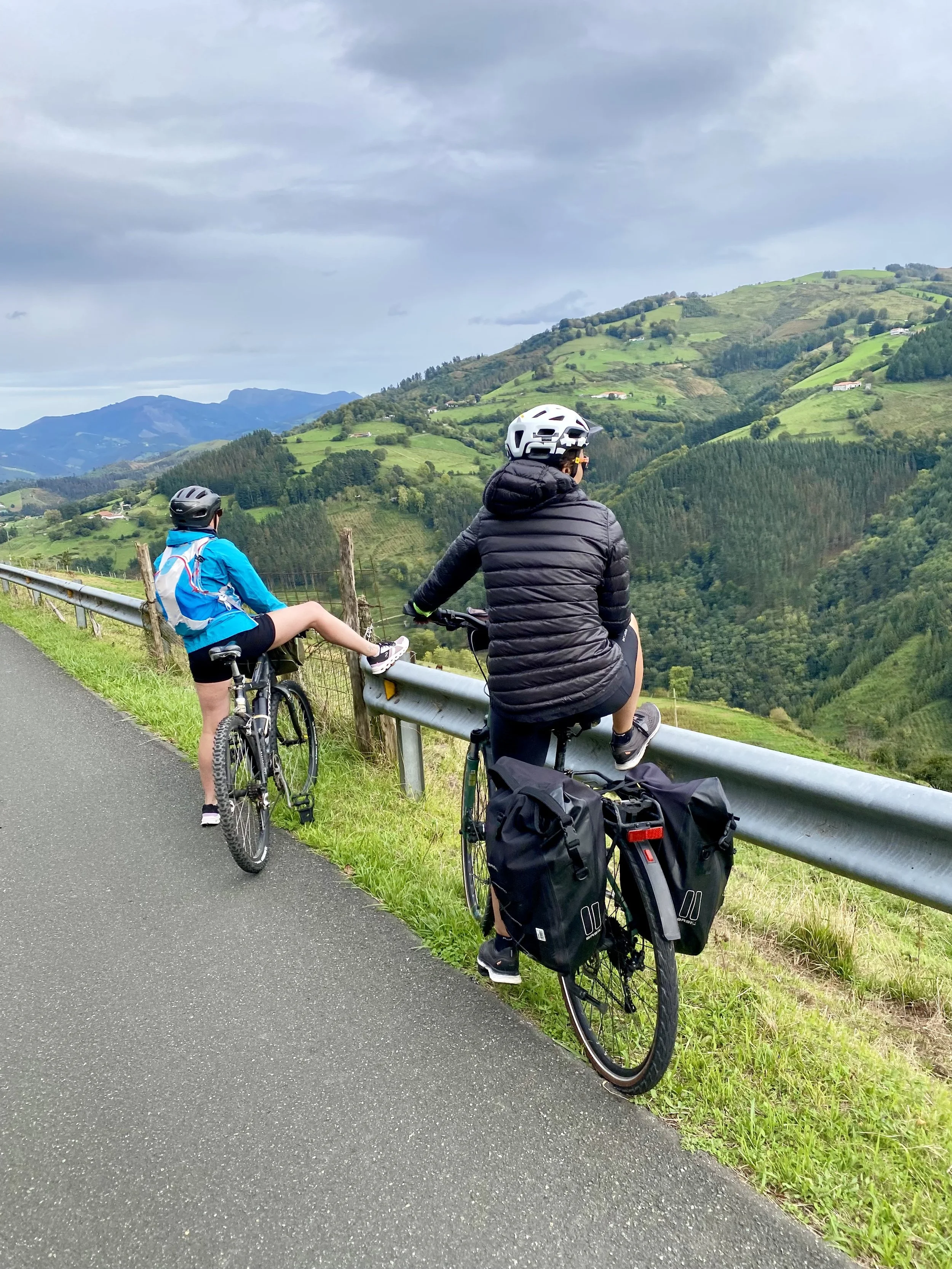 Deux personnes en vélo, portant des casques, regardant un paysage vallonné verdoyant avec des montagnes en arrière-plan, un ciel nuageux et un panneau de sécurité.