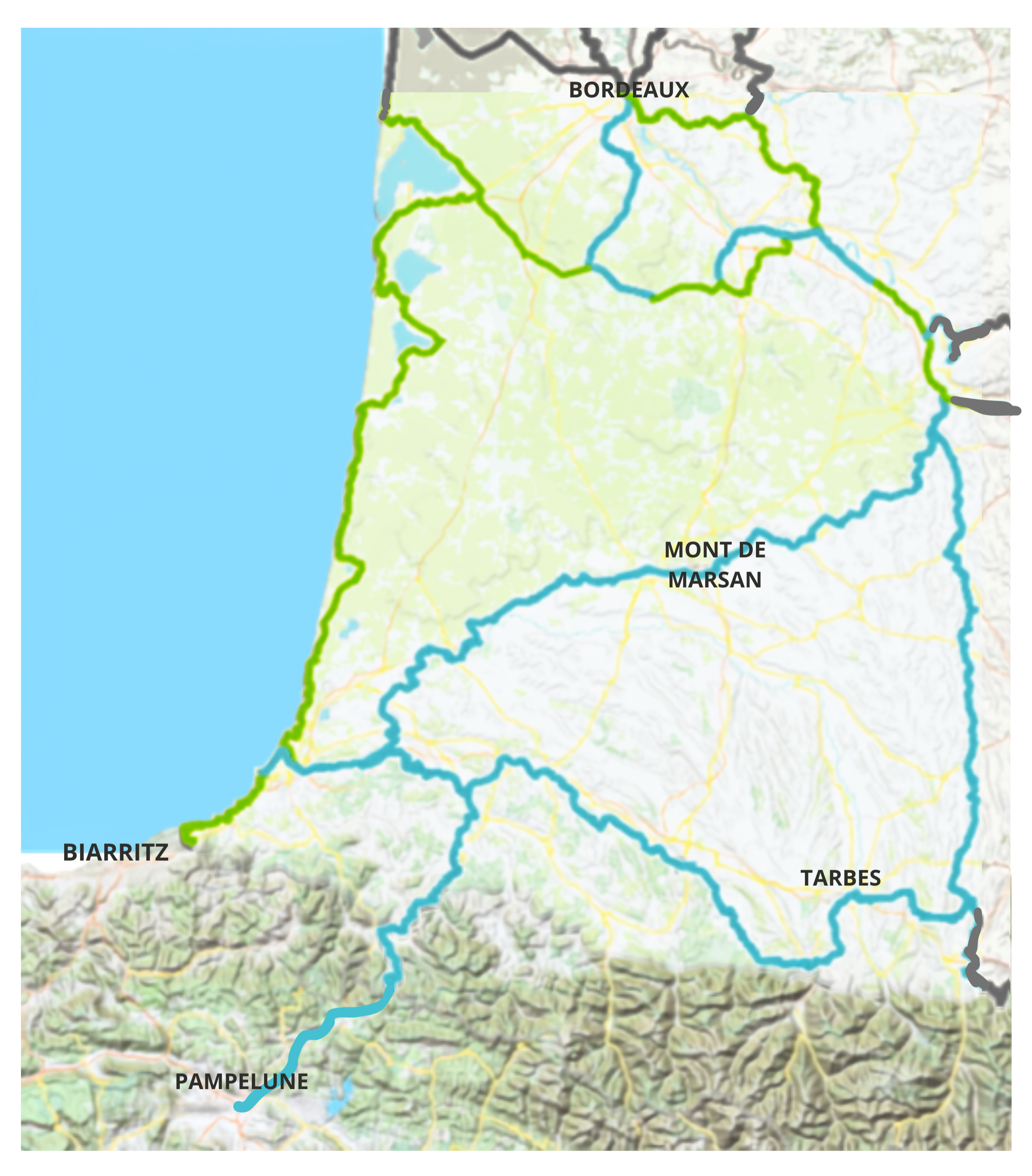 Carte géographique détaillée de la région sud-ouest de la France montrant les villes de Bordeaux, Biarritz, Pampelune, Mont de Marsan et Tarbes, avec des tracés de routes et des frontières régionales.
