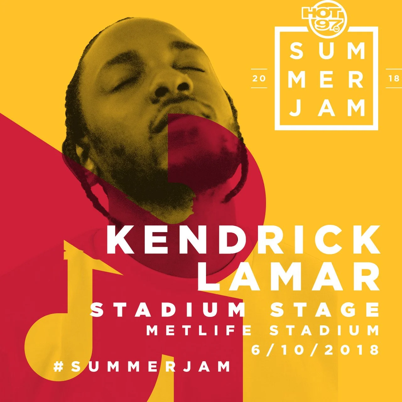 Poster for Kendrick Lamar's Summer Jam concert at MetLife Stadium on June 10, 2018, featuring a stylized graphic of Kendrick Lamar's face with bold yellow and red background colors.