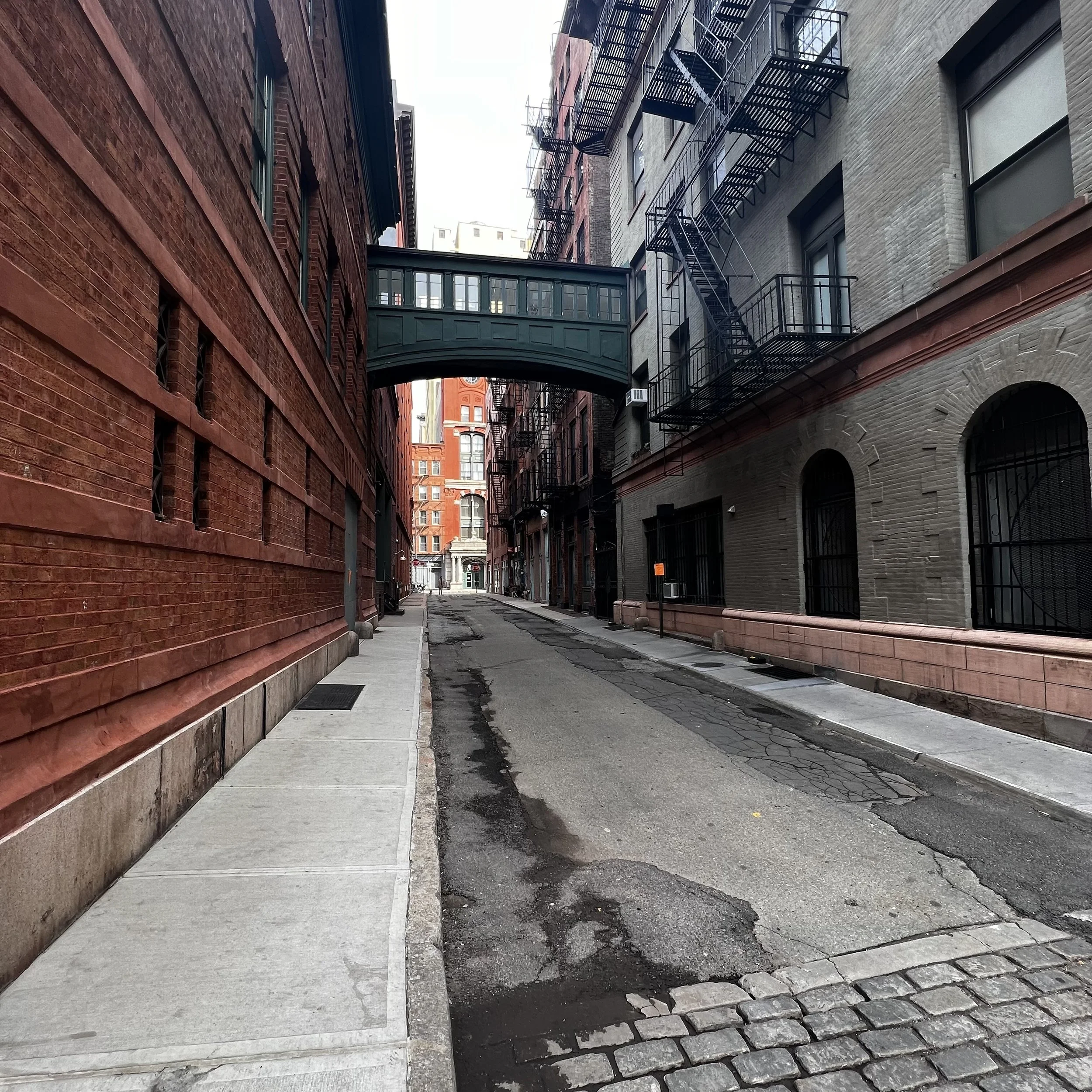 Empty alley between red brick and gray buildings with fire escapes and a bridge connecting buildings overhead.