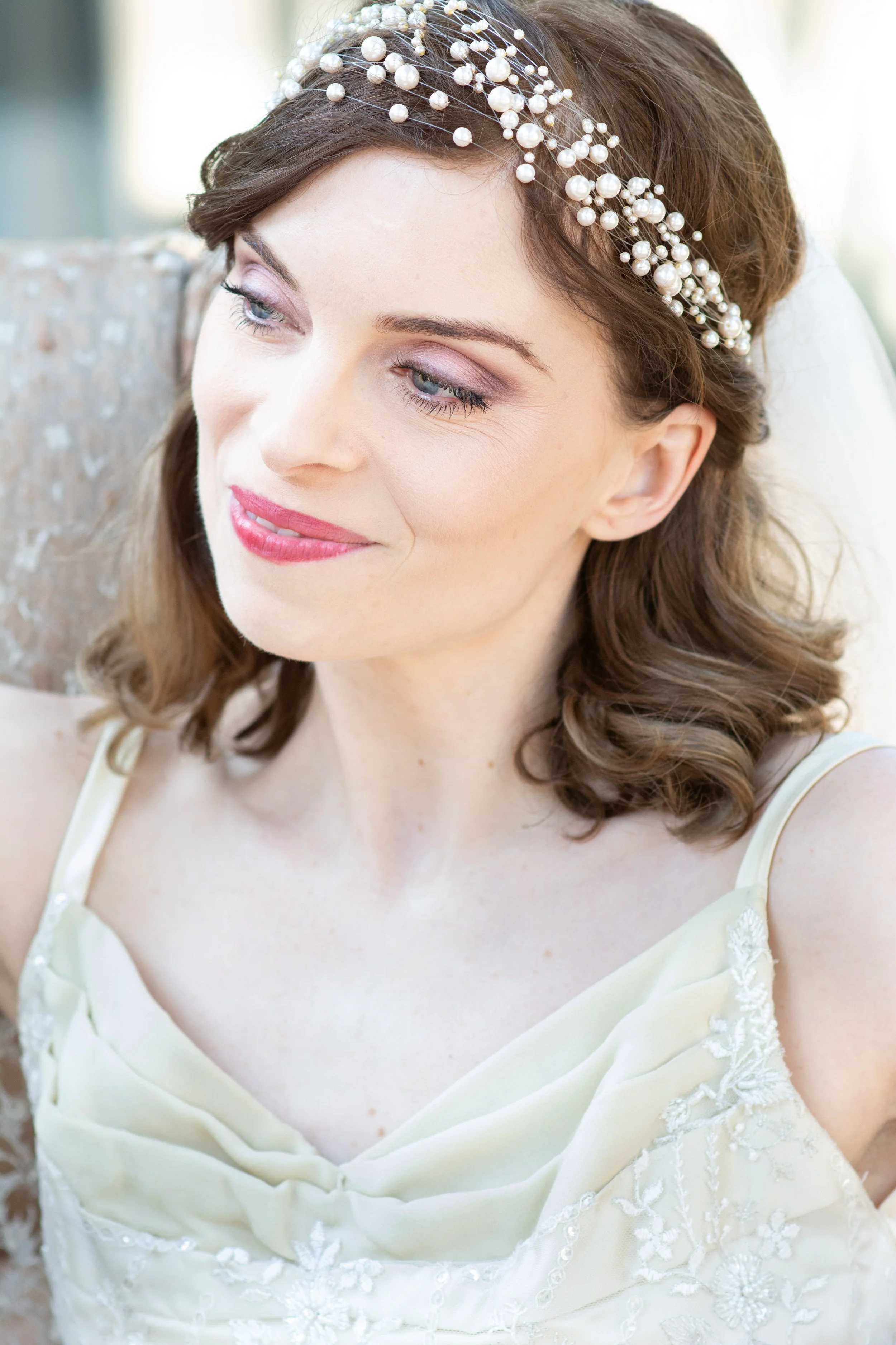 Seattle wedding photographer elegant bridal close-up natural makeup gentle smile Tacoma wedding photographer soft light