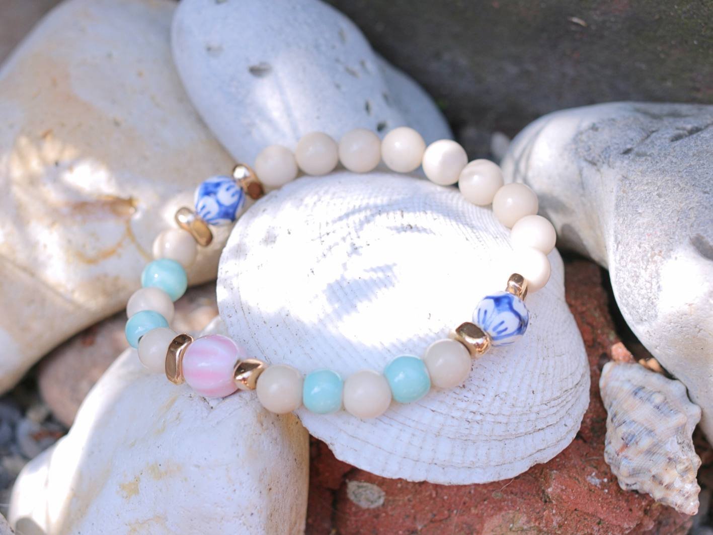 Natural Fossil Stone & Ceramic Bracelet