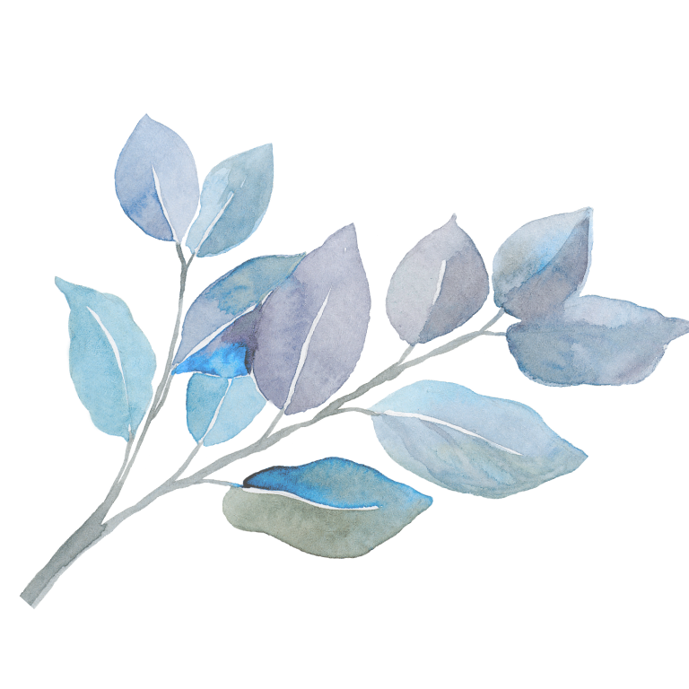 Watercolor painting of a branch with blue and gray leaves.