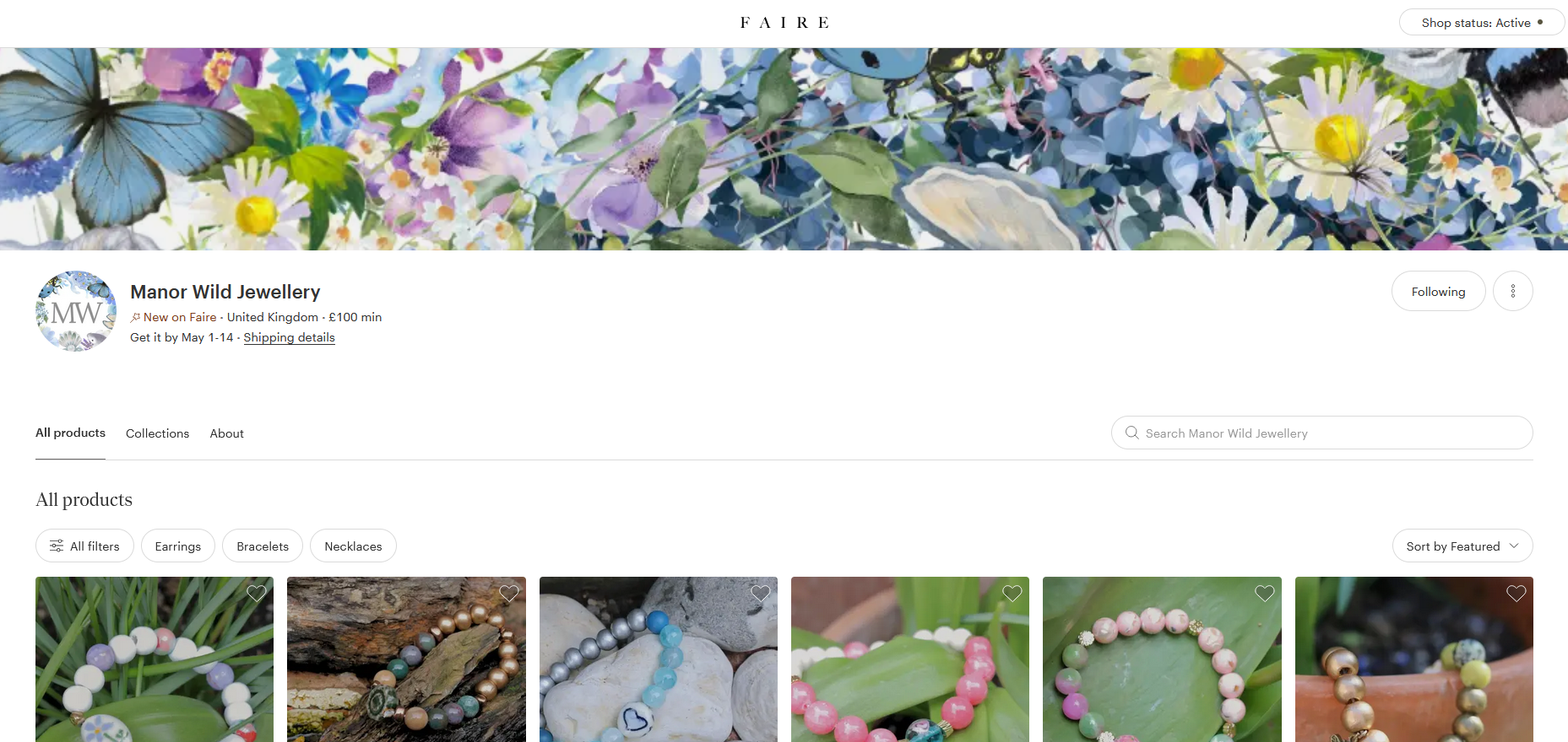Online jewelry shop with a colorful banner of flowers and butterflies; products include various bracelets with beads in different colors and patterns.