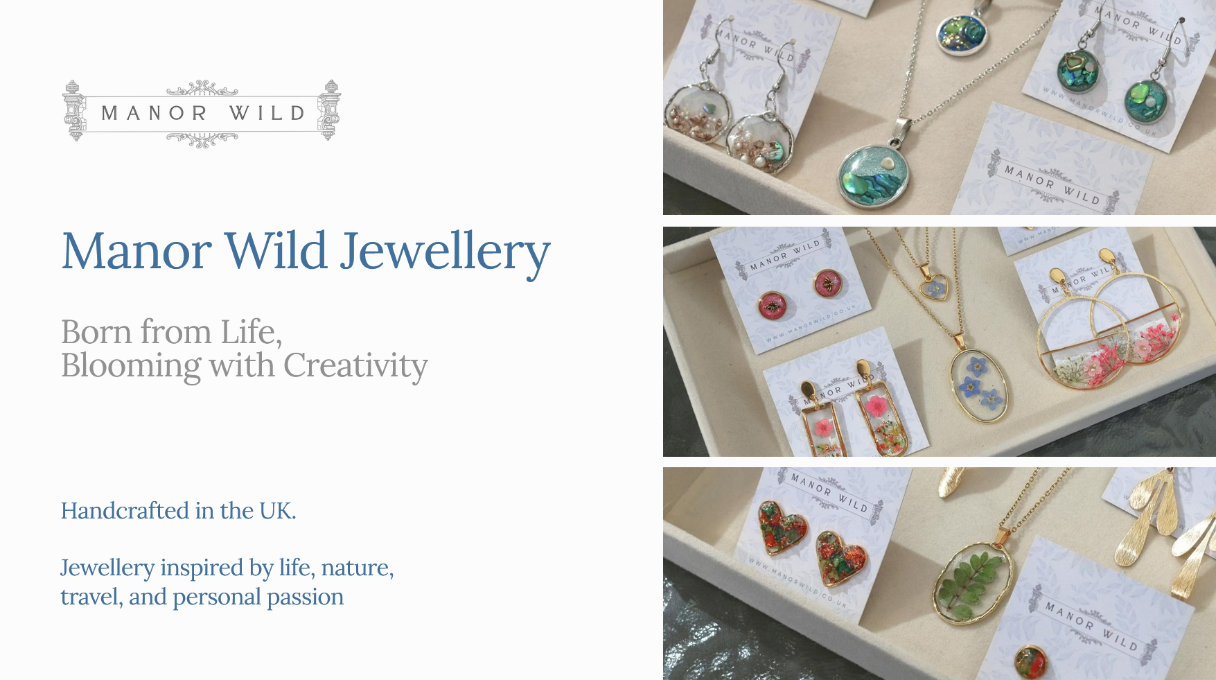 Cover of the Manor Wild company information pack, which displays various skin-friendly handcrafted jewelry pieces including earrings, necklaces, and rings with floral and nature-inspired designs on a jewelry stand and trays.