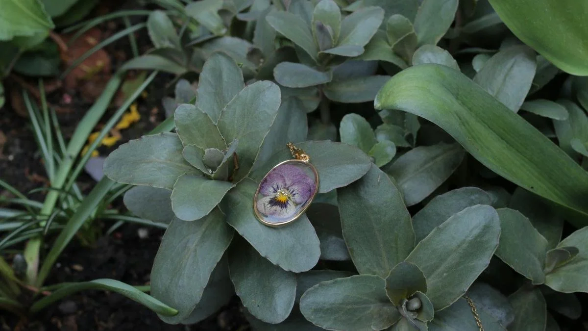A pendant necklace with a purple and yellow flower inside a glass oval frame, resting on green succulent and leafy plants in a garden setting.